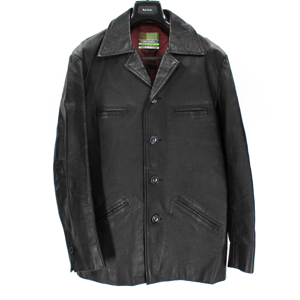 Diesel Leather Black Button Up Collared Overcoat 44 Moto Biker Jacket Blazer Y2K